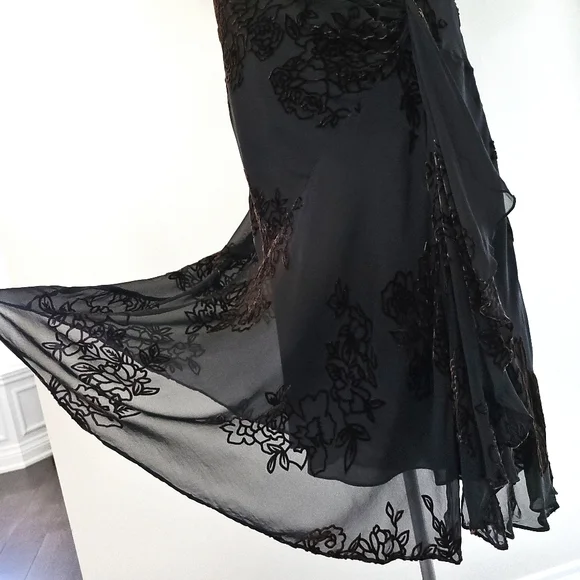 Vintage Y2K Silk Romantic Dark Floral Velvet Burnout Midi Dress - Picture 8 of 11